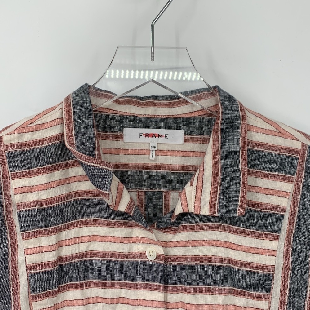 Frame Bib Linen Button Front Striped Blouse Shirt… - image 3